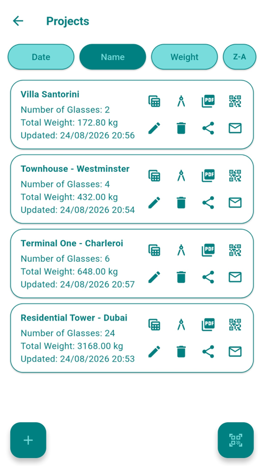 GlassiGo project organisation screen